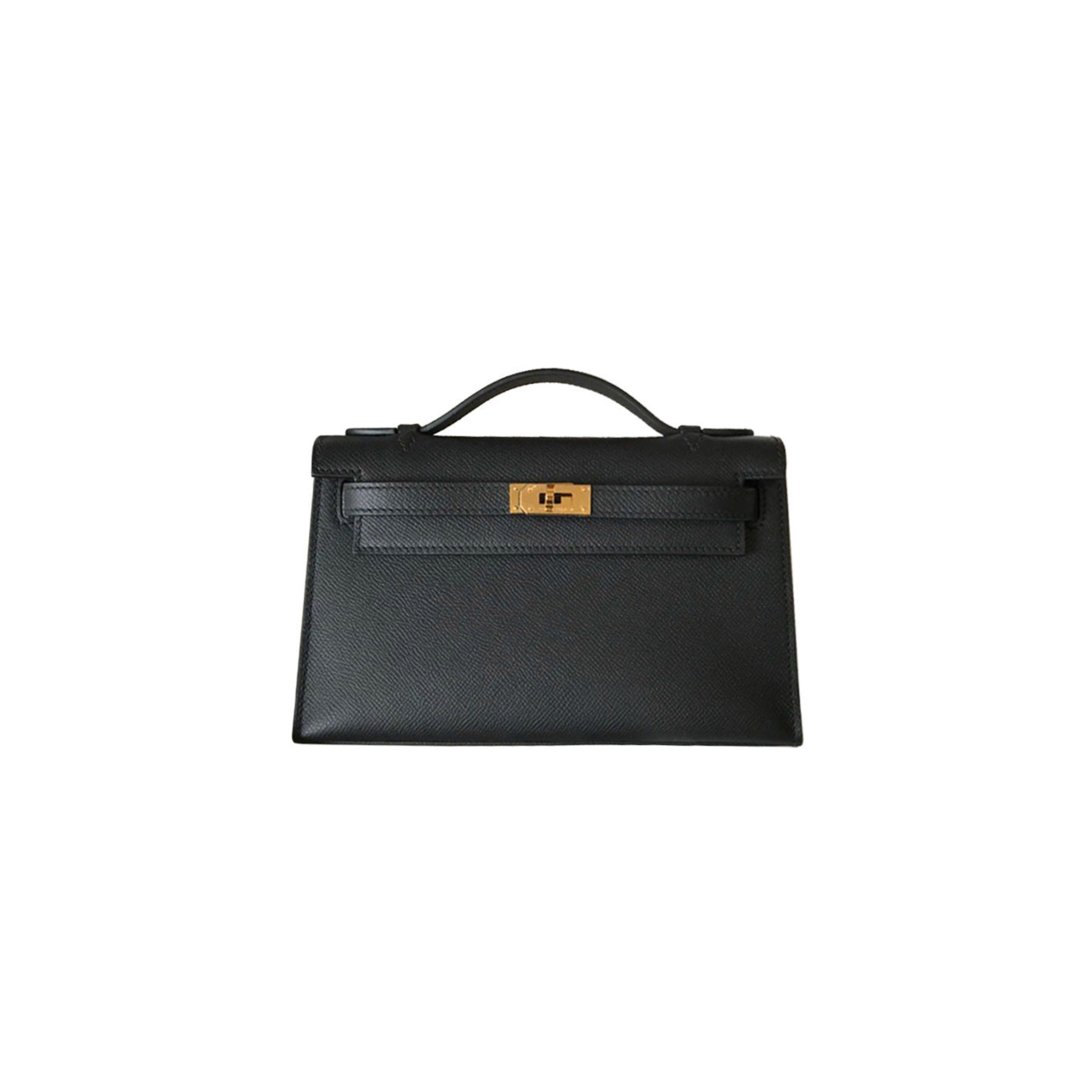 HERMES KELLY POCHETTE MINI BAG BLACK GOLD BUCKLE (22*14*7cm)